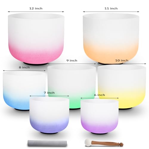 Leize Chakra Tuned 432hz Set of 7 Gradient Color Quartz Crystal Singing Bowls 6-12 inch with Heavy Duty Carrying Cases and Singing Bowl Mallets