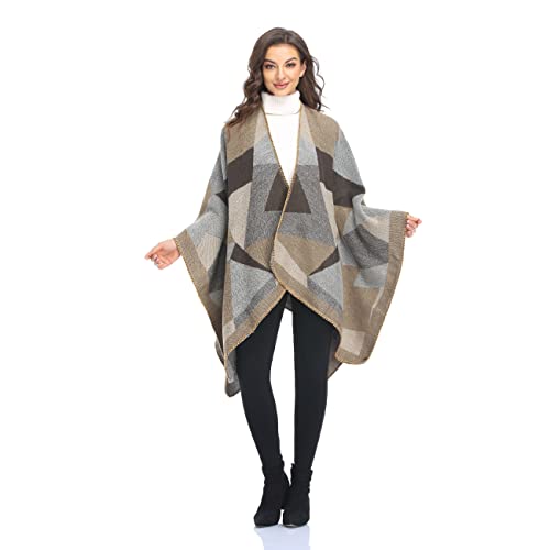Shawl Wraps for Women, Elegant Knitted Cape Open Front Poncho Scarf Blanket Cardigan Coat for Spring, Autumn, and Winter - color: Gray Khaki