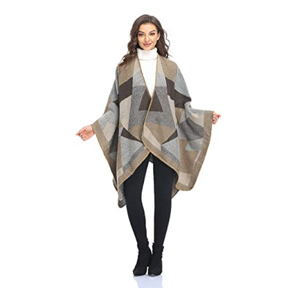 Shawl Wraps for Women, Elegant Knitted Cape Open Front Poncho Scarf Blanket Cardigan Coat for Spring, Autumn, and Winter - color: Gray Khaki