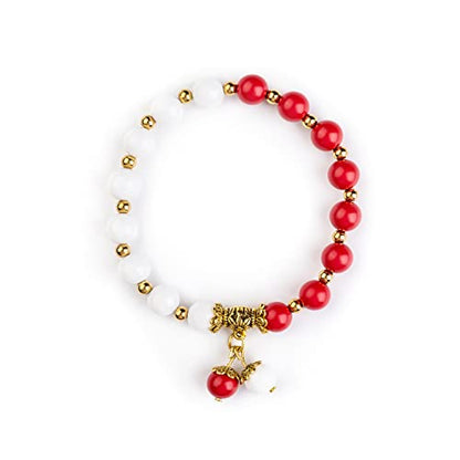 Natural Stretch Gemstone Bracelet Healing Stone Beaded Bracelets for Women Men Gifts (Unisex) - color: red white stone