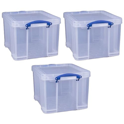 Really Useful Box 3-Pack Clear Stackable Storage Containers with Snap Lids, 32 Liters - Plastic Organizer Bins with Clip-Lock Handles for Home, Bedroom, Closet, Bathroom, Garage, and Office