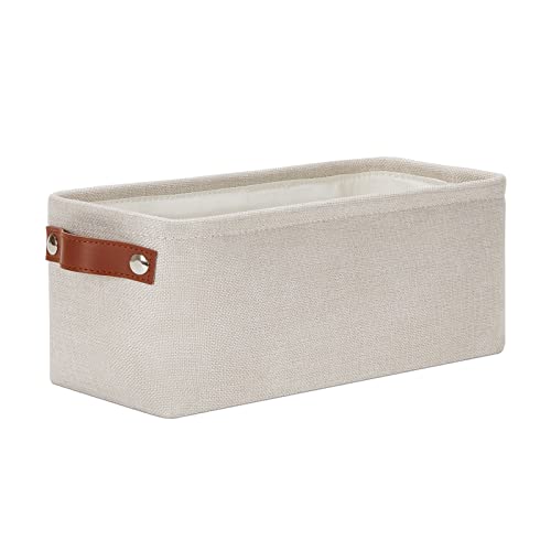 DULLEMELO Small Storage Basket, Toilet Paper Basket Narrow Storage Bin for Bathroom, Bathroom Basket for Organizing with Leather Handles, Canvas Storage Basket for Toilet Magazine Holder(Beige) - color: Beige, size: Narrow-15"x6"x5.5"