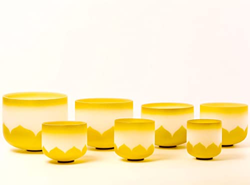 Leize 6-12 inch Gold Lotus Design Chakra Tuned 432hz Set of 7 Quartz Crystal Singing Bowls with Heavy Duty Carrying Cases and Singing Bowl Mallet Suede Strikers - color: gold lotus design, size: Set of 7 size, 6-12", A-G Note 432 hz
