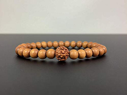 Sandalwood Bracelet for Women Men Buddhist Prayer Strand Chandan Bracelet Handmade Stretchable Elastic Sandalwood Beaded Wristbands for Yoga Meditation - style: 6mm Beads + Rudraksha