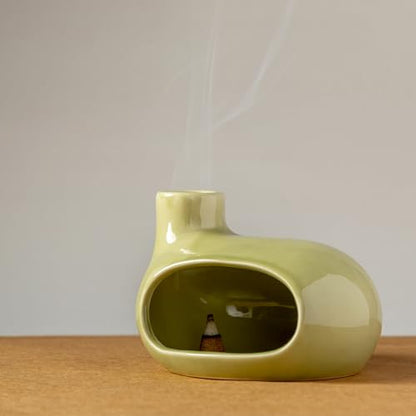 MOUGIGI Palo Santo Holder Burner - Modern Chiminea Incense Dish for Palo Santo Sticks and Cones - Ceramic Meditation Gift with Natural Polished Surface - Perfect for Yoga, Aromatherapy - color: Glazed Ceramics - Emerald Green