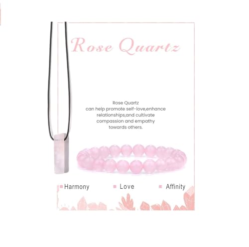 Pingyongchang Stress Relief Anxiety Yoga Bracelets Necklace Set,Healing Crystal Stone Mantra Bracelets for Women Natural Crystal Stone birthday Gifts For Teen Girls Black Leather Necklace for Men - color: Rose Quartz