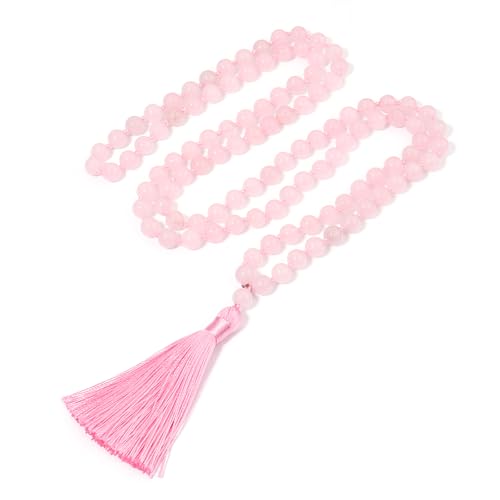 8MM Beads Chakra Long Mala Necklace Natural Stone Meditation Statement Necklace Japa Yoga Buddhist Rosary Prayer Charm Beaded Tassel Necklace - color: Rose Quartz