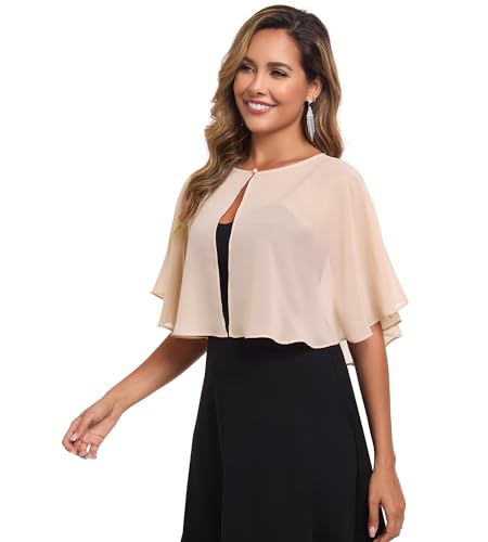 TONGFANTFL Women's Soft Chiffon Capelets Shawls and Wraps for Evening Wedding Cape Bole Cover Up - color: Champagne