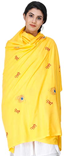 Exotic India Radhe Prayer Shawl with Embroidered Peacock Feather - PolyCotton - color: Lemon Chrome