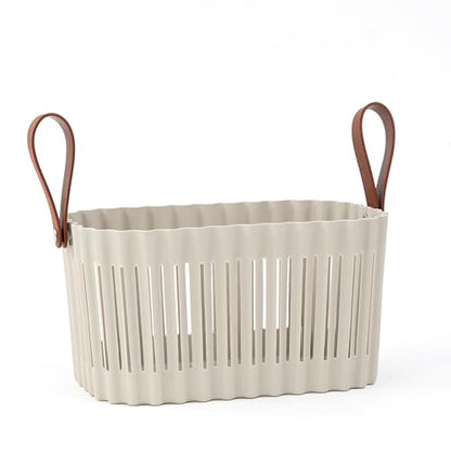 Medium Plastic Storage Basket with Soft Handles – Tan & Brown Decorative Bin for Bathroom, Dorm, or Desk – Rectangular Organizer Basket, 5.3L