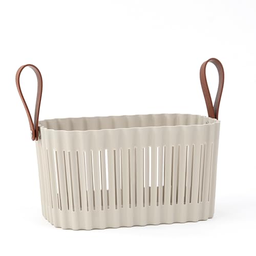 Medium Plastic Storage Basket with Soft Handles – Tan & Brown Decorative Bin for Bathroom, Dorm, or Desk – Rectangular Organizer Basket, 5.3L