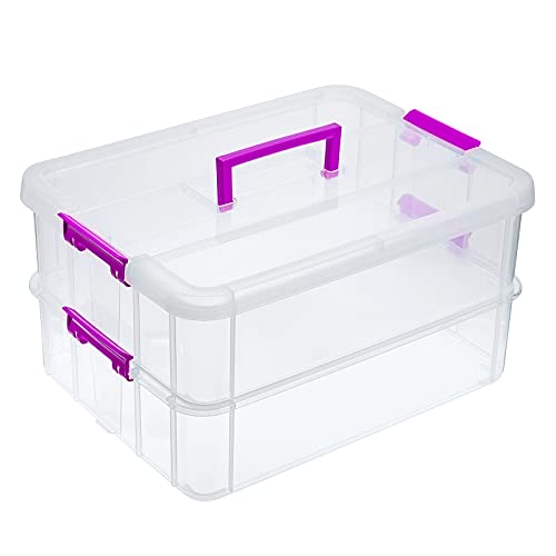 JUXYES 2-Tiers Stack Carry Storage Box With Handle, Transparent Stackable Storage Bin With Handle Lid Latching Storage Container for School & Office Supplies - color: Purple