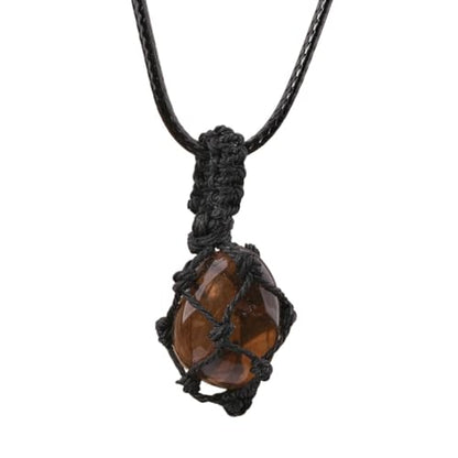 Crystal Tumbled Stone Pendant Necklace for Women Knotted Net Bag Leather Necklace Yoga Meditation Jewelry Gifts - color: Smoky Quartz