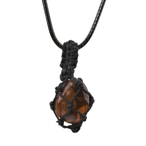 Crystal Tumbled Stone Pendant Necklace for Women Knotted Net Bag Leather Necklace Yoga Meditation Jewelry Gifts - color: Smoky Quartz