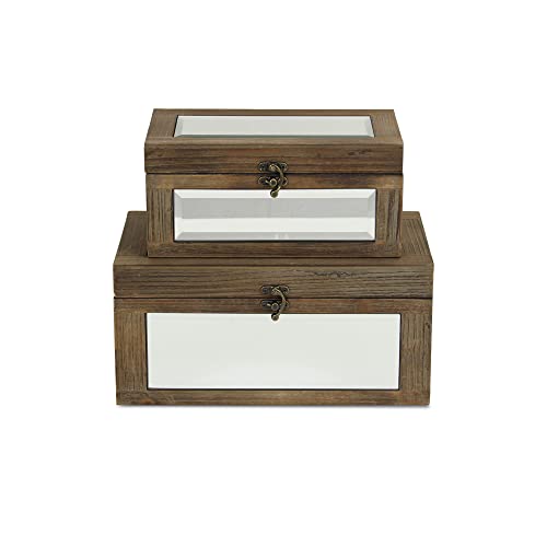 Set of 2 Brown Mirrored Wood Storage Box, 11.75" L x 7" W x 5.5" H