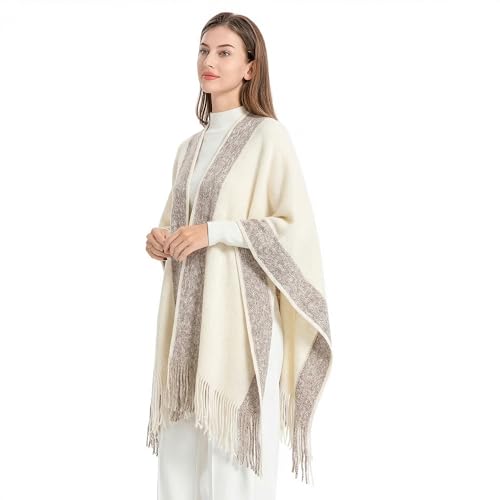ZLYC Women's Shawl Golden Trim Knit Blanket Wrap Fringe Poncho Coat Cardigan - color: Plain Cream White