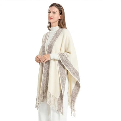 ZLYC Women's Shawl Golden Trim Knit Blanket Wrap Fringe Poncho Coat Cardigan - color: Plain Cream White
