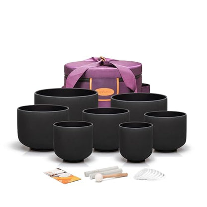 TOPFUND 6-12 inch 440Hz Chakra Set of 7 Black Crystal Singing Bowls with Heavy Duty Carrying Case and Mallets - color: 440Hz Set of 7 Black Bowls, size: 6-12 inch