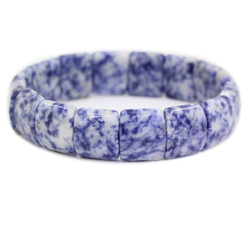 Keleny Gemstones Semi Precious 15mm Square Grain Faceted Beaded Stretch Bangle 7.5 Inch Unisex - color: Blue Spot Jasper