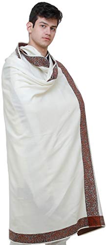 Exotic India Plain Men's Shawl with Brown Woven Border - Pure Wool - color: Ivory