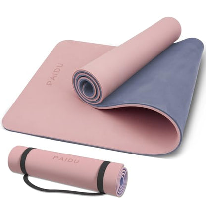 PAIDU Yoga Mat Non Slip Anti-tear,extra thick-2/5 inch（10MM）High Resiliency Professional POE Yoga Mats for Women Men Kids,72"x24"inch,Workout, Yoga, Pilates and Floor Exercise, with Carrier Strap - color: Deep Pink+Grey.