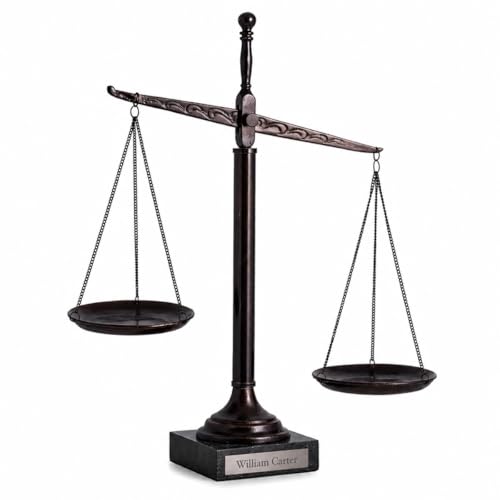 Bey-Berk Personalized “Find Your Balance” Justice Scale (Black), 16" Bronze-Finished Decorative Scale, Hand-Crafted Metal Cast on Marble Base