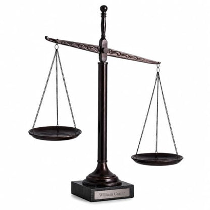 Bey-Berk Personalized “Find Your Balance” Justice Scale (Black), 16" Bronze-Finished Decorative Scale, Hand-Crafted Metal Cast on Marble Base