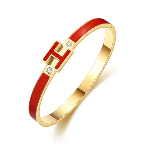 Gold Bracelets for Women, H Bangle Bracelet, Dainty 18K Gold Plated Stainless Steel Enamel Bracelet for Everyday, Work, Party, Stackable Gift for Mom, Wife, Girlfriend - color: Red