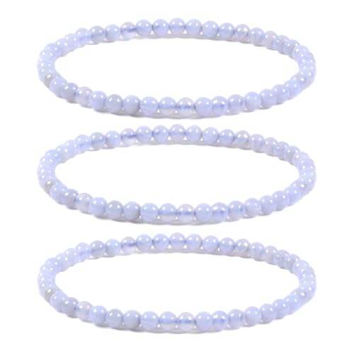 Justinstones Gem Semi Precious Gemstone 3pcs 4mm Round Beads Stretch Bracelet 6.5 Inch Unisex - color: Blue Lace Agate