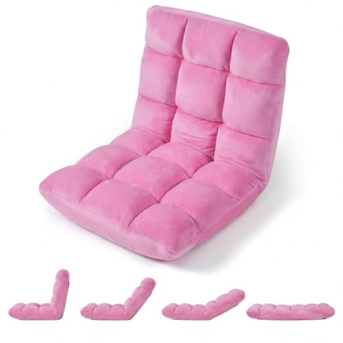 Giantex Folding Floor Chair with Back Support, 14 Adjustable Position, Padded Sleeper Bed, Couch Recliner, Gaming Video Chairs for Adults, Meditation, Living Room (Light Pink) - color: Pink, size: 26"x21"x21"