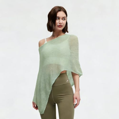Women Sheer Poncho Top Summer Knit See Through Shrug Sweater Shawl Wrap Beach Cover Up KCSST001 - color: Light Green