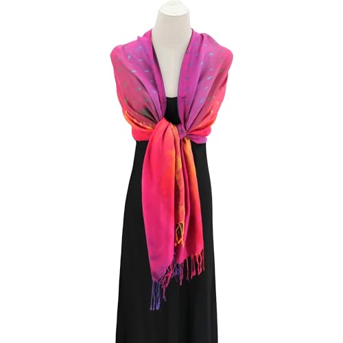 Rave Pashmina Scarf, Fashion Colorful Shawls and Wraps Soft Festival Scarves - color: B-fuchsia (Feather Pattern)