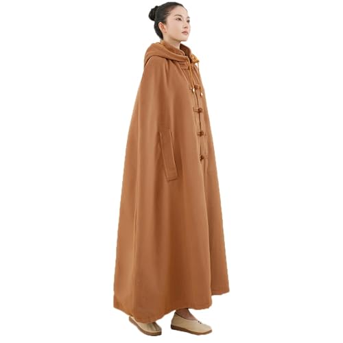 Unisex Hooded Cloak Loose-Fit Meditation Prayer Monk Robe Double Layer Plush Comfortable Warm Monk Clothing - color: Camel, size: Medium