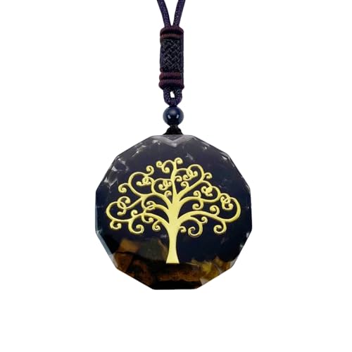 EDEN'S CALL Orgone Necklace, Tree of Life Orgonite Healing Crystal Stone Pendant Necklace for Spiritual Healing and Meditation Energy Talisman Sacred Geometry Tiger's Eye Necklaces - color: Black Obsidian + Tiger's Eye