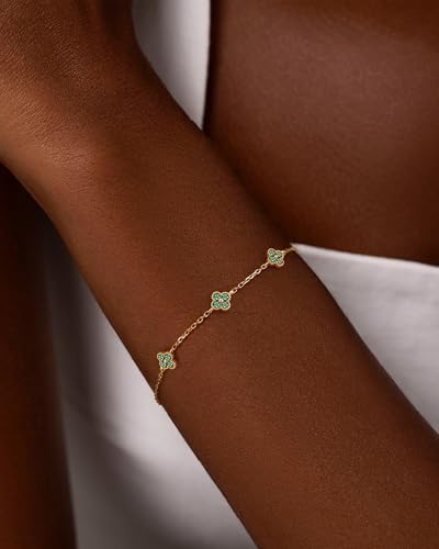 Birthstone Gold Clover Bracelet Dainty 14K Gold Plated Cute Friendship Stackable Bracelets for Women No Tarnish Trendy Charm Best Friend Bracelet Stack for Birthday Jewelry - color: 05. May(Emerald)