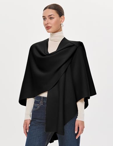 PULI Womens Large Cross Front Poncho Sweater Wrap Topper Knitted Elegant Shawls Cape for Fall Winter - color: Gift Box Black