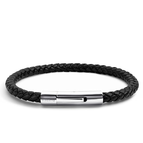 Elegatto Elagio Premium Braided Leather Bracelet for Men | Full-Grain Braided Leather with Sterling Silver Polished Stainless Steel Clasp | Men’s Designer Bracelets - color: Black Silver, size: Extra large