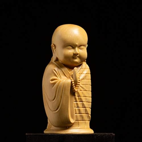 Boxwood Wood Carving Zen Spirit Little Monk Statue, 10cm 3.9in, Chinese Style Home Living Room Buddha Statue Ornament