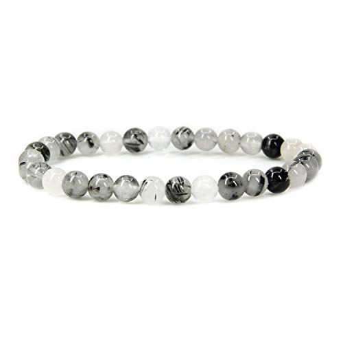 Angelstones Handmade Natural Healing Gemstone 6mm Round Beads Stretch Crystal Bracelet 7 Inch Unisex - color: Black Rutilated Quartz
