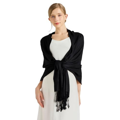 Soft Silky Pashmina Shawl Wraps Solid Colors Scarf for Wedding Evening Dresses - color: B-black