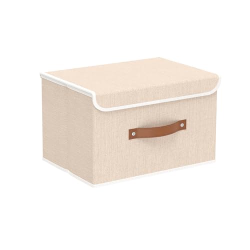 Yawinhe Collapsible Storage Boxes, Stackable Linen Fabric Baskets, Bin with lid and Leather Handle, Washable, for Home, Closet, Beige, 10.2x7.9x6.7 In, 1-Pack, SNK024BEN-1 - color: Beige, size: S/(1 Pack)