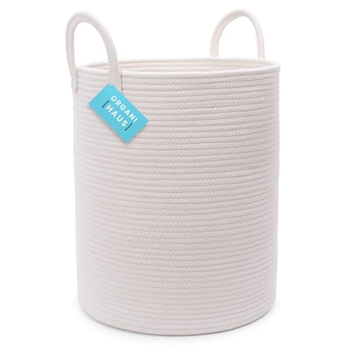 OrganiHaus Large Off-White Woven Laundry Basket w/Handles 52L, Rope Dirty Clothes Hamper, Blanket Basket for Living Room, Baby Laundry Hamper for Nursery, Soft & Durable Decorative Organizer Bin - color: Full Off-White, size: Tall