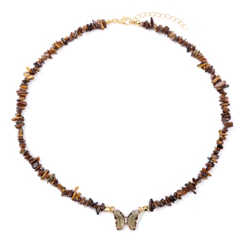 Bohemian Crystal Butterfly Necklaces Stress Relief Anxiety Yoga Pendant,Healing Natural Stone Mantra Choker for Women Teen Girls Friendship Birthday Mothers Day Gift Summer Beach Jewelry - color: Tiger Eye