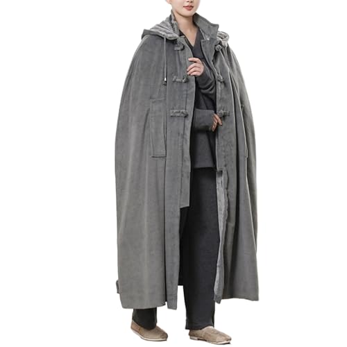 Women Men Meditation Hooded Cloak Double Layer Plush Thickened Coat Comfortable Warm Prayer Robe - color: Gray, size: Medium