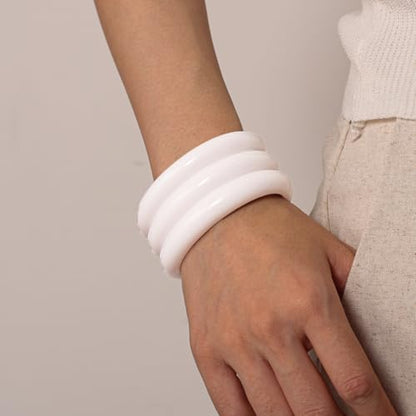 DATOA Minimalist Resin Open Cuff Bracelet Multi-Layered Neutral Tone Bangle, Statement Lightweight Jewelry for Women Men Everyday Wear & Gifting - color: White