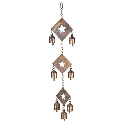 Rustic Metal Wind Chime – Triple Diamond Star Cutouts with Bells – Bronze Outdoor Garden Decor – Wind Chimes for Outside, Porch, Yard, Balcony, Memorial or Garden Gift 19 x 4.5 Inch