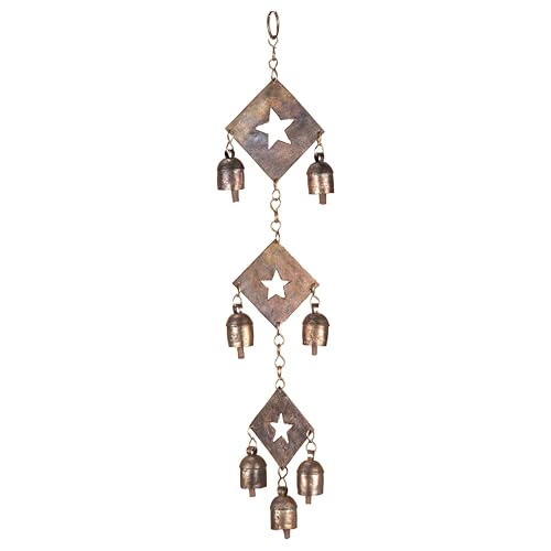 Rustic Metal Wind Chime – Triple Diamond Star Cutouts with Bells – Bronze Outdoor Garden Decor – Wind Chimes for Outside, Porch, Yard, Balcony, Memorial or Garden Gift 19 x 4.5 Inch