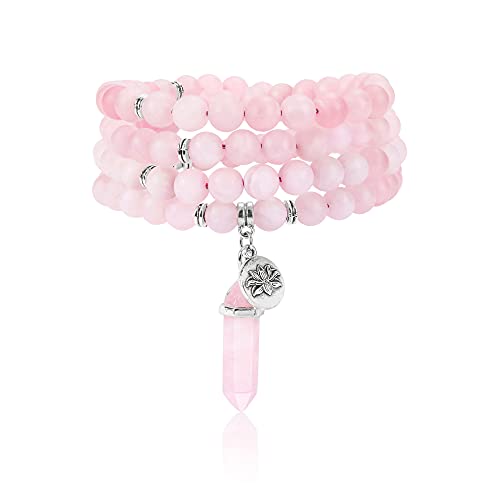 Jovivi 108 Mala Beads Bracelet 8mm Natural Amethyst Rose Quartz Healing Crystal Stone Mala Prayer Bead Necklace Hexagonal Prism Gemstone Reiki Pointed Pendant for Yoga Meditation Energy Balancing - color: Matte Rose Quartz Crystal