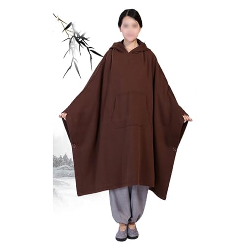Winter Meditation Robe Buddhist Hooded Cloak Capes Warm Fleece Lined Oversize Coat with Pockets - color: Coffee, size: Large
