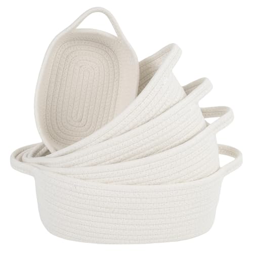 5-Piece Storage Shelf Basket Set, Natural Cotton Rope Woven Basket with Handles, Decorative Rectangle Organizer Bin for Home, Nursery, Montessori, Pet Toy Storage and Bathroom Organization, White - color: Off-White, size: 12.1" L x 8.9" W x 4.5" H